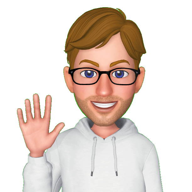 Animated image of person with glasses in a white hoodie waving.